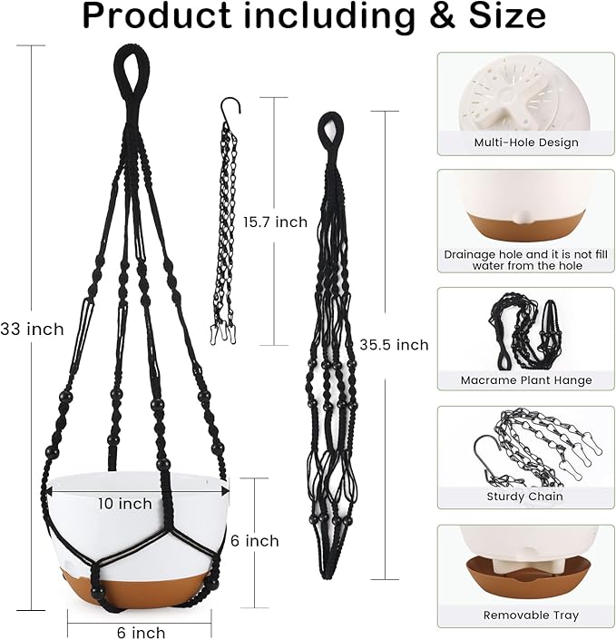 10 Inch Hanging Planter, 2 Pack Hanging Plant Self Watering Pot with Drainage Holes & Saucers, Hanging Baskets Flower Pots with Black Macrame Rope Hangers for Garden Home -White