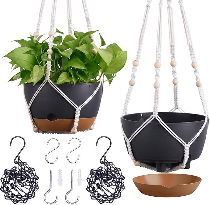 montresor Set of 2-8 Inch Hanging Planters for Indoor Plants with Self-Watering Includes Hanging Pots for Plants, Outdoor Hanging Plant Pot with Drainage, and 2 Types of Baskets Hangers (Black)