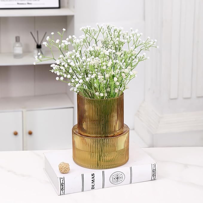 Amber Glass Vase, Ribbed Glass Vase for Tulips, Flower Vases for Bouquet, Amber Modern Vases for Living Room, Dining Table, Entryway, Mantle, Shelf, Wedding, Office, 7.5 Inches