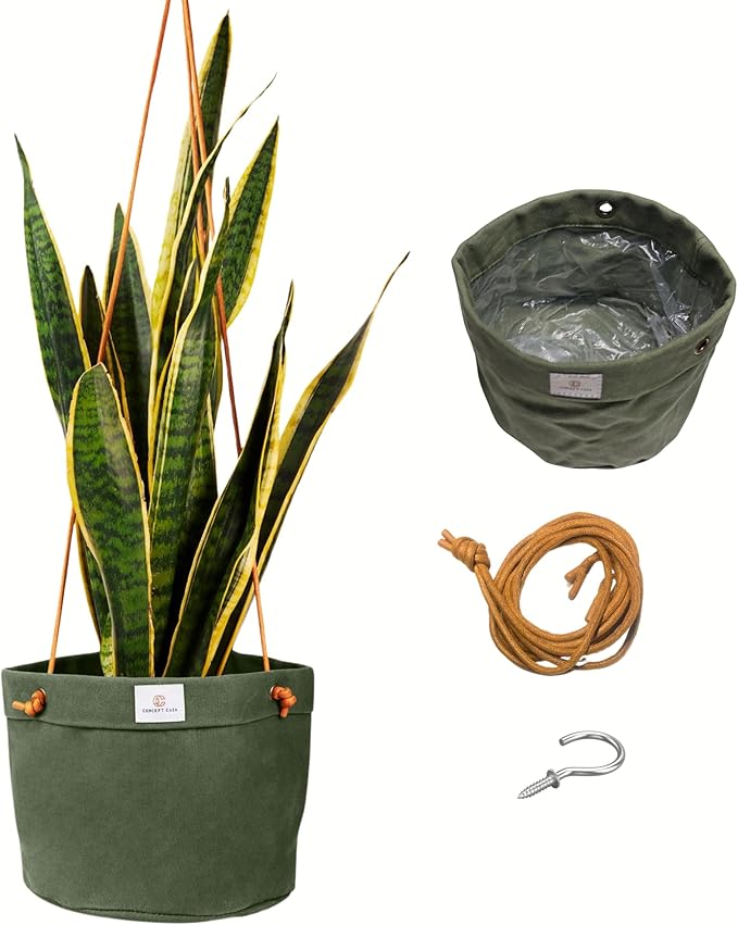 Waxed Canvas Handmade Hanging Planter for Indoor/Outdoor Plants, Hanging Basket Plant Holder Forest Green with Hook