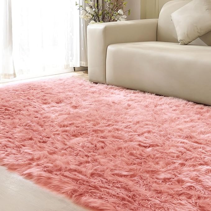 Shag Area Rugs 9x12 Rugs for Living Room Pink Washable Fluffy Sheepskin Fur Rugs for Bedroom Nursery Fuzzy Rug
