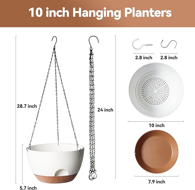 Hanging Planter for Indoor Plants, 10 Inch Self-Watering Hanging Planters with Drainage Holes and Chain, Set of 2 Outdoor Hanging Pots for Garden Home