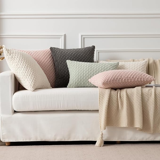 Kevin Textile Pack of 2 Corduroy Decorative Throw Pillow Covers 12x20 Inch Spring Soft Boho Striped Pillow Covers Modern Farmhouse Home Decor for Spring Sofa Living Room Couch Bed Light Green