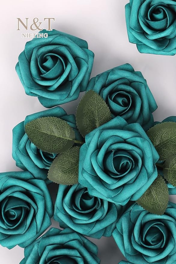 N&T NIETING Artificial Flowers Foam Roses 25 pcs Peacock Green Fake Roses w/Stem for DIY Home Decor Indoor Outdoor Centerpieces Arrangements Bouquets