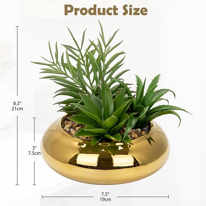 Hollyone Large Artificial Succulents Plants Faux Succulents with Gold Pots Fake Succulent Potted Plants in Ceramic Pot for Home Decor Office Desk Bathroom Living Room Indoor & Outdoor Decorations