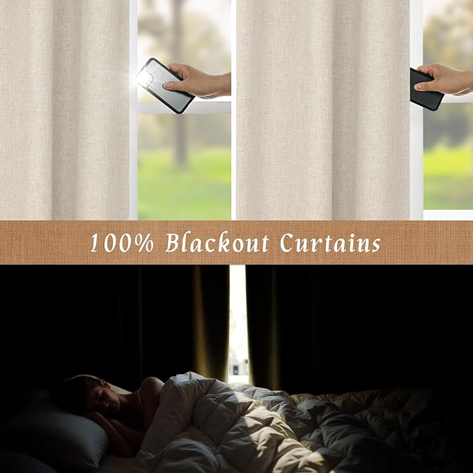 LAMIT 45 Inches 100% Blackout Linen Curtains, Linen Textured Thermal Bedroom Drapes Back Tab and Rod Pocket Neutral Panels with White Liner for Farmhouse, 2 Panels, 42 x 45 Inch, Oatmeal