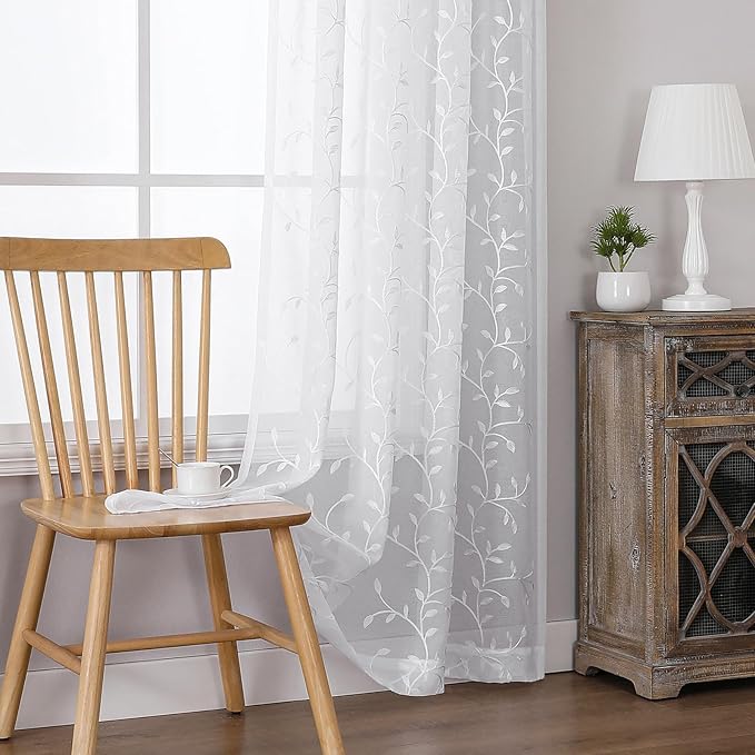 VISIONTEX White Sheer Voile Curtains, Decorative Leaves Embroidery Faux Linen Rod Pocket Window Drapes for Home Kitchen, Living Room and Bedroom 54 x 108 Inch, Set of 2 Curtain Panels