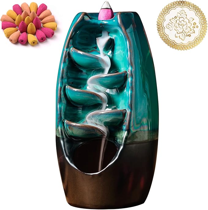 INONE Ceramic Incense Burner with 100 Upgraded Cones, Waterfall Backflow Incense Holder, Aromatherapy Ornament, Zen Decor, Home Decor, Room Decor (Cyan)