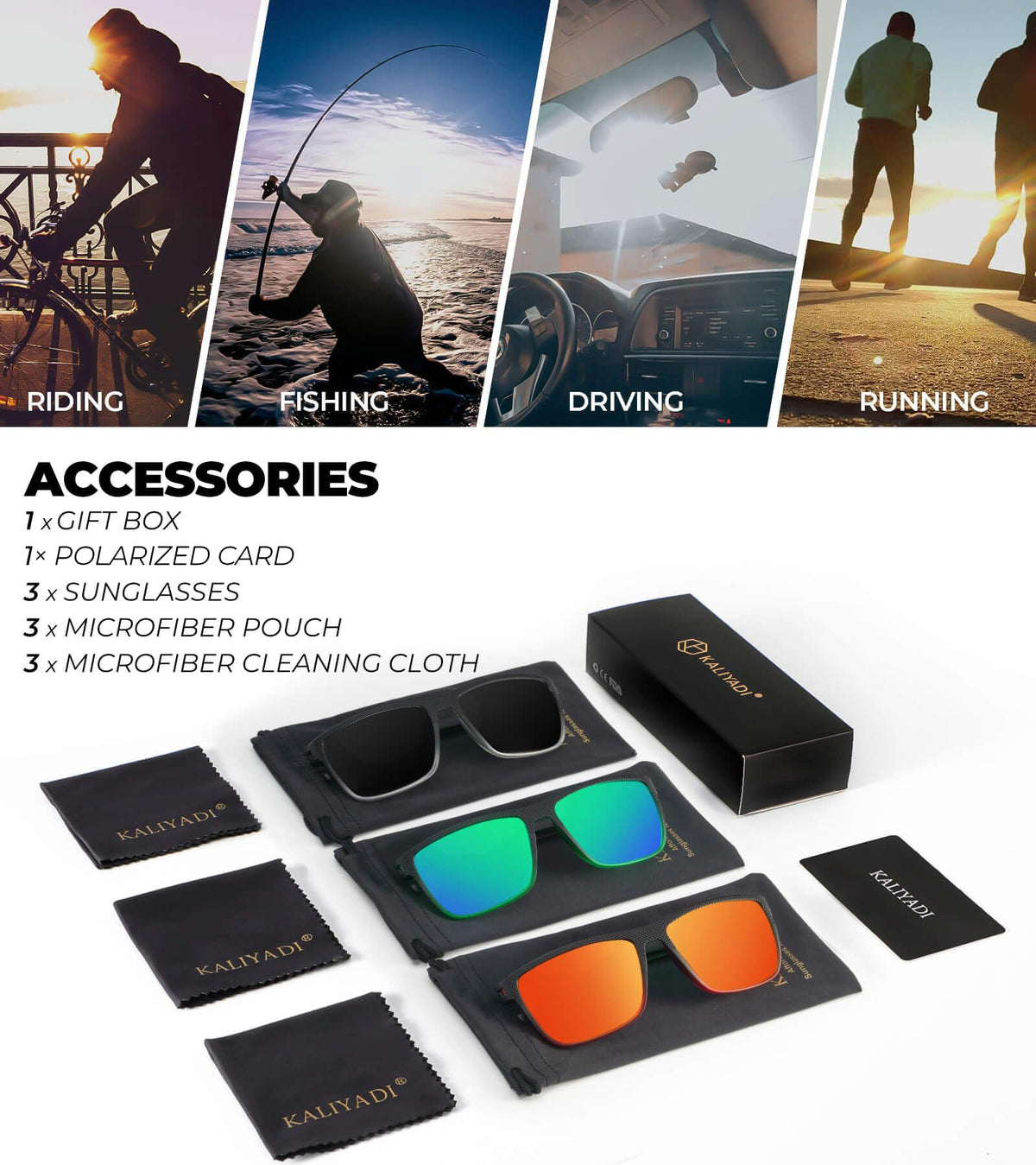 KALIYADI Polarized Sunglasses Men, Lightweight Mens Sunglasses Polarized UV Protection Driving Fishing Golf (Black Clear/Black Green/Black Red)