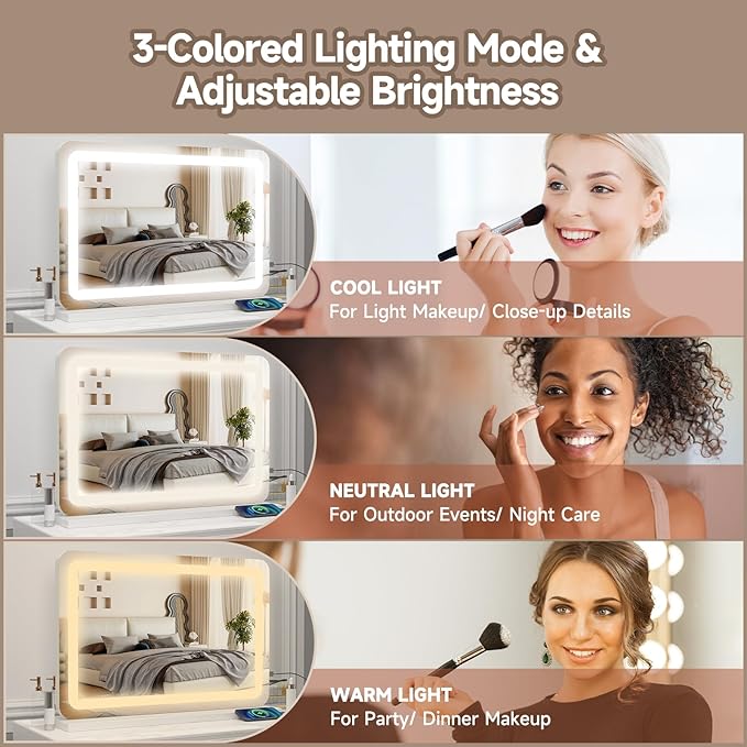 Large Vanity Mirror with Lights 32"x22", Lighted Makeup Mirror, Wall-mounted Hollywood Mirror, Touch Sensor, 3-Color Lighting, 5X Magnification, USB Port for Vanity Desk Tabletop, Bedroom, Salon