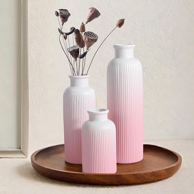 Small Gradient Pink Ceramic Vase Set of 3, Boho Modern Flower Vase Room Decor, Farmhouse Decor, Vases for Your Kitchen, Bathroom, Bedroom, Living Room, Office&Shelf Centerpiece Table Decorations