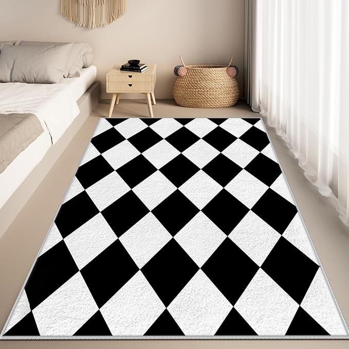 Checkered Rug, Black White Rug, Washable Rugs 6x9, Geometric Rhombus Plaid Area Rugs, Grid Gingham Carpet for Living Room Non Slip Home Decor