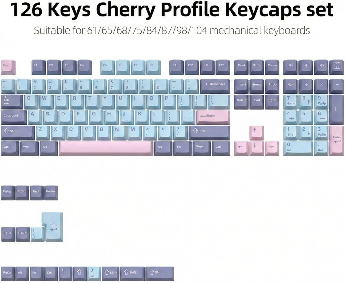 Thyrnovyn 126 Set, 60% 65% 75% 100% Keys PBT Double Shot Keycaps, Macaron Pastel Cute Keycap Pink Blue Dreamy Cherry