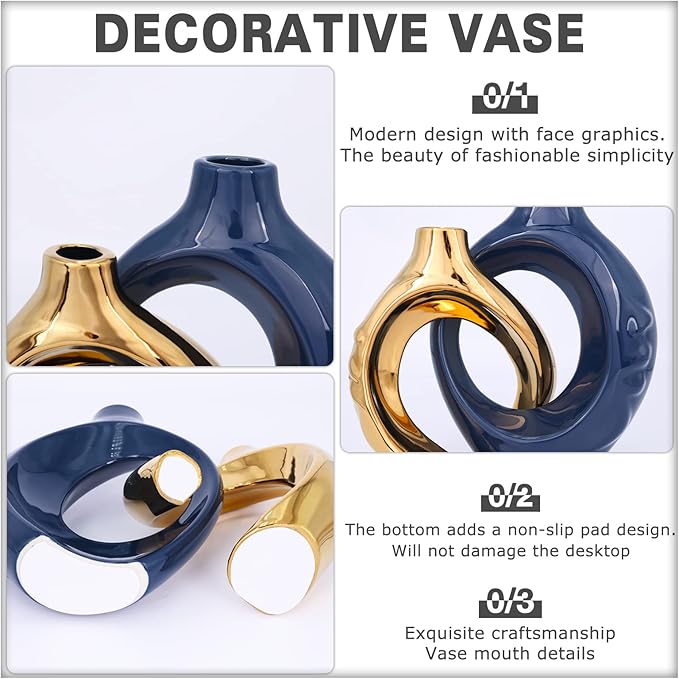 Navy Blue Home Decor Ceramic Vase, Navy Blue Gold Round Vase with Holes Set of 2, Suitable for Wedding Entrance Decoration, Bookshelf, Mantel, Unique Home Decor (Blue Gold)