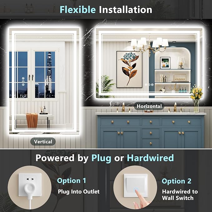 55x36 LED Bathroom Mirror with Lights, Backlit and Front Lit, Anti-Fog Lighted Vanity Mirrors for Bathroom Wall, Dimmable, 3-Color Light, Memory, Shatter-Proof, HD Tempered Glass, CRI＞90