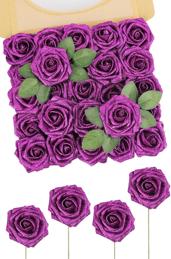 N&T NIETING Artificial Flowers Glowing Purple Flowers Foam 25pcs Glitter Roses Real Looking Fake Roses with Stem for DIY Wedding Bouquets Centerpieces Bridal Shower Party Home Decorations