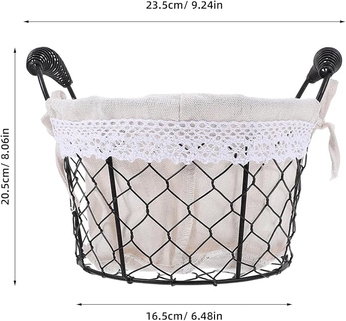 SAFIGLE Iron Wire Basket with Handle and Fabric Liner, Metal Storage Basket for Fresh Eggs and Bread Serving, Rustic Fruit Organizer for Kitchen and Coffee Table