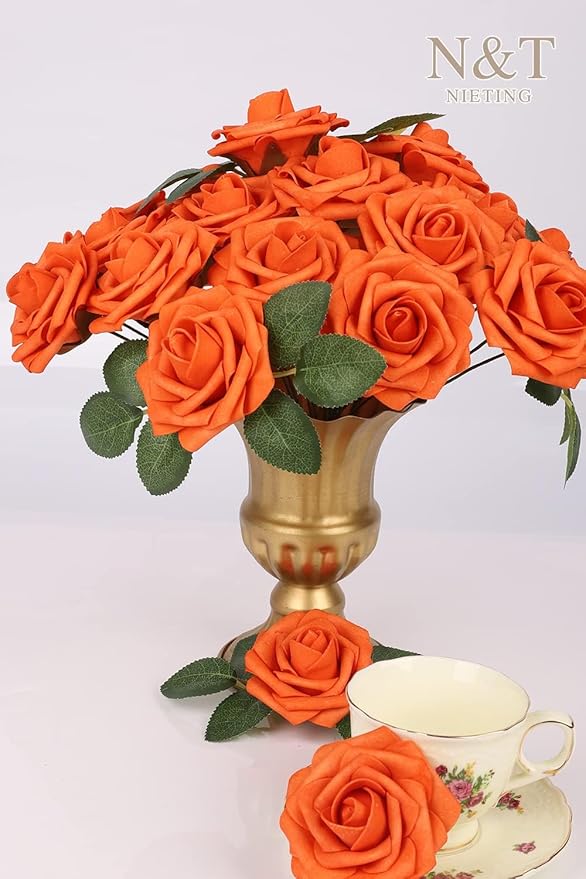 N&T NIETING Artificial Fall Flowers Fake Flowers Orange Roses Perfect for DIY Wedding Bridal Bouquets Centerpieces Bridal Shower Party Home Flower Arrangement Thanksgiving Decorations, 25Pcs
