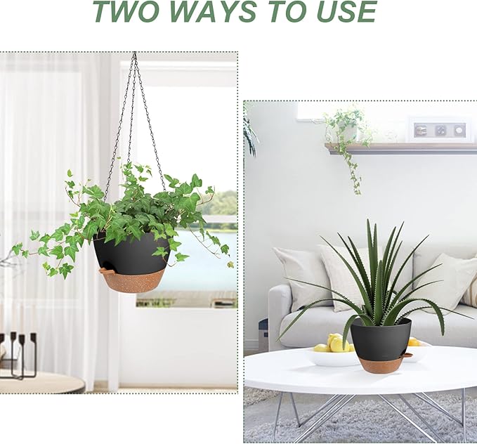 Hanging Planters for Indoor Outdoor Plants, 2 Pack Self Watering Hanging Pot with Drainage Holes & Removable Tray (Black, 6'')