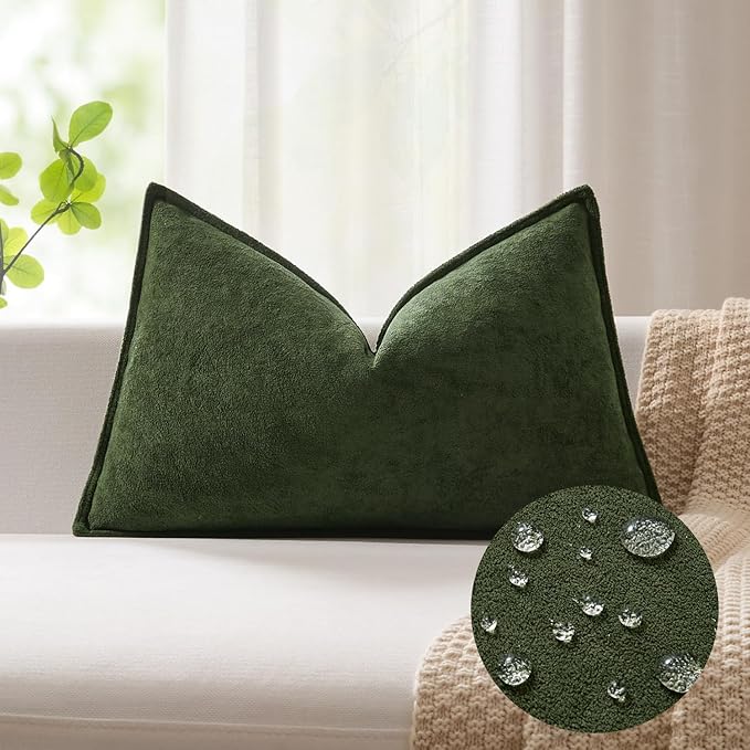 Kevin Textile 16x24 Inch Lumbar Pillow Cover 1 Pack Soft Boucle Textured Decorative Waterproof Rectangle Cushion Elegant Accent Pillow for Couch Sofa Chair Bed Home Decor Indoor Outdoor Moss Green