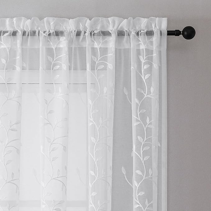 VISIONTEX White Sheer Voile Curtains, Decorative Leaves Embroidery Faux Linen Rod Pocket Window Drapes for Home Kitchen, Living Room and Bedroom 54 x 108 Inch, Set of 2 Curtain Panels