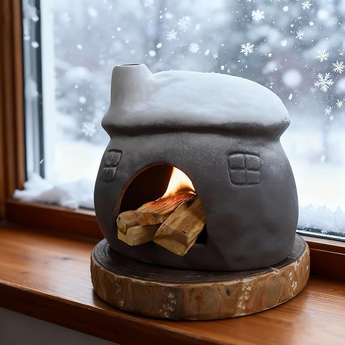 Wide Snow-Roofed Palo Santo Burner - Mini Chiminea Incense Holder, Tabletop Chiminea Palo Santo Stick Holder Ideal for Smudging Sage, Burning Incense Cones for Zen-Inspired Home Decor Gift