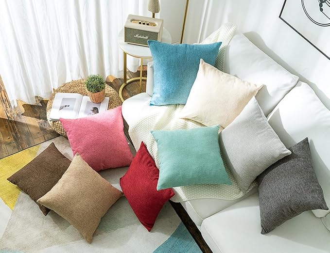 Stellhome Set of 2 Decorative Linen Throw Pillow Covers Square Farmhouse Burlap Cushion Covers for Bedroom, 20 x 20 inch (50 cm), Natural Linen