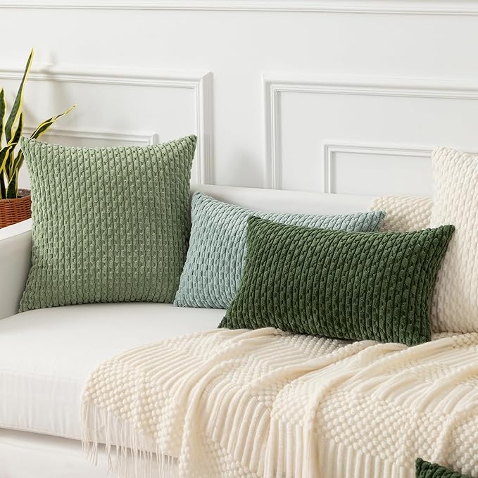 Kevin Textile Throw Pillow Covers Soft Corduroy Decorative Set of 2 Boho Striped Pillow Covers Pillowcases Farmhouse Home Decor for Couch Bed Sofa Living Room 20x20 Inch Moss Green