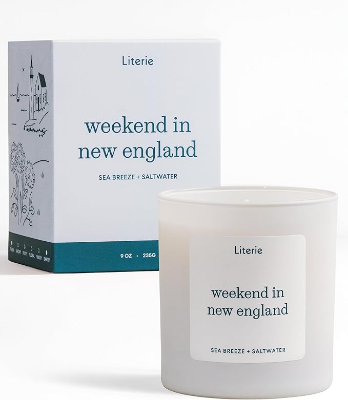 Literie NYC Inspired Scented Candle: Weekend in New England - Sea Breeze & Saltwater Scent, 9oz, 50 Hour Burn, Vegan Soy & Coconut Blend Candle for Home Decor, Gift for Women & Men