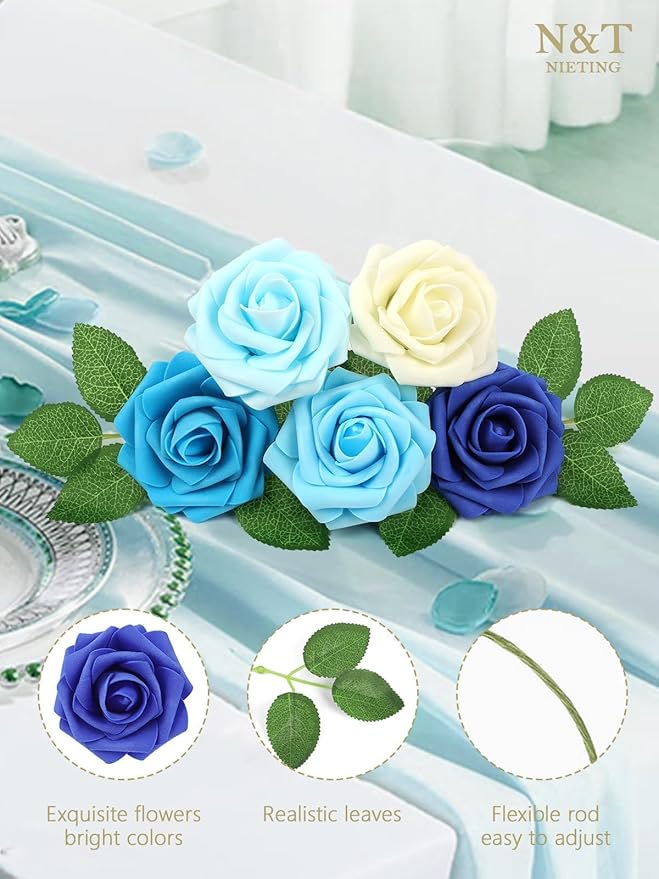 N&T NIETING Blue Roses Artificial Flowers, 50pcs Fake Flowers Rose Perfect for DIY Wedding Bridesmaid Bridal Bouquets Centerpieces Home Flower Arrangement Decoration, Series Blue