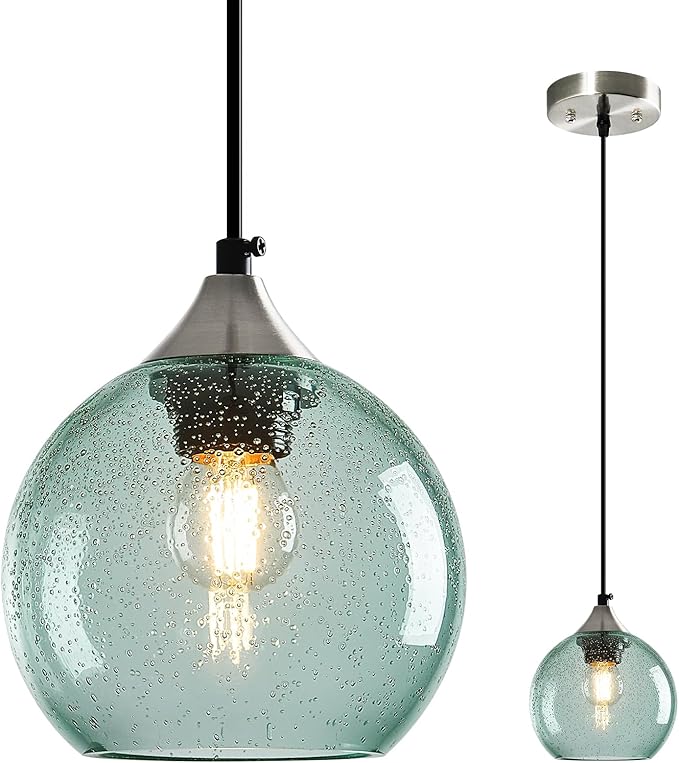 Light Green Glass Pendant Lights Kitchen Island Globe Pendant Light Fixtures Modern Pendant Lighting for Bedroom Living Dining Room Light Fixture (5.9 in, 1 Pack)