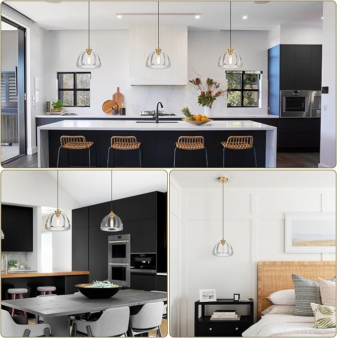 Crystal Pendant Light Kitchen Island: 2 Pack Luxury Brass Hanging Lights - 7" Dimmable Modern Crystals Lighting Fixture over Dining Table - Adjustable Gold Pendants Light for Bathroom Bulbs Included