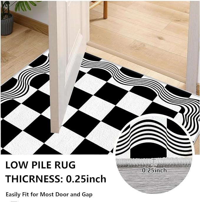 Checkered Area Rug, Checkerboard Rug, Geometric Plaid Washable Rugs, Modern Checkered Area Rugs, Wavy Line Carpet Non Slip for Bedroom Retro Home Decor Mat 5x6