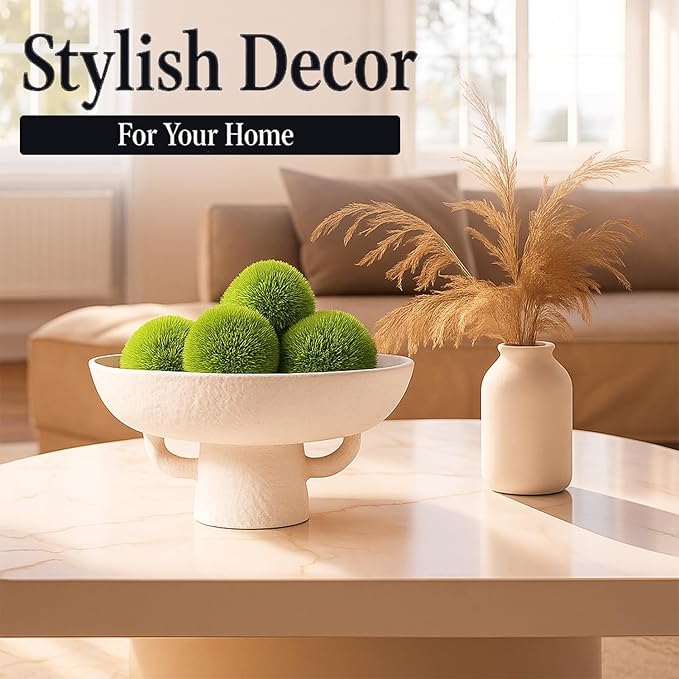 Luxurious White Textured Ceramic Bowl and Greenery Set,12.5x10.5 Inch Pedestal Decorative Bowl, with 6 Green Succulent Moss Balls, Counter Top, Farmhouse Table Centerpiece, Living Room, Kitchen Decor