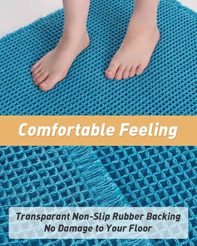 AMOAMI Upgraded Waffle Bath Mat, Super Absorbent Non Slip Bath Mats for Bathroom Floor, Machine Washable Bathroom Rugs with Tassels, Rubber Backed Bathroom Mats, Ultra Soft, 18" x 30", Teal