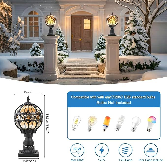 Outdoor Lamp Post Lights, Aluminum Rust-Proof Globe Post Light for Porch Front Door Driveway Lawn Garden, Black Sphere Exterior Pillar Post Light, Hardwired 3" Pier Mount Post Lantern