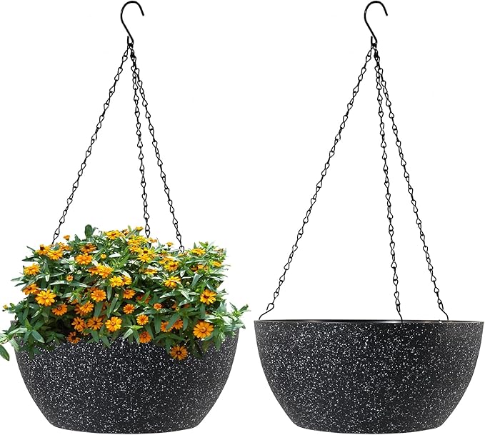 10 inch Hanging Planters for Outdoor Indoor Plants with Drainage Holes and Chain, 2 Pack Round Hanging Flower Pots for Garden Home Porch Decor, Speckled Black