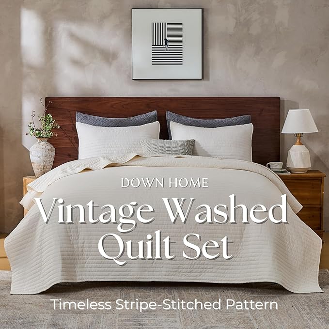 DOWN HOME King Quilt Bedding Set with Shams, Vintage Washed Soft Quilted Blanket Thin Comforter Lightweight Bedspread Coverlet Bed Cover, Brushed Microfiber Stripe Stitching, Linen White, 104"x90"
