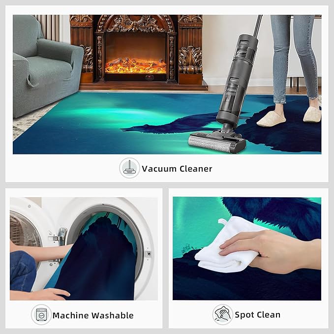 Wolf 3x5 Area Rugs for Living Room -Forest Washable Rug Aurora Non-Slip Carpet Indoor Floor Stain Resistant Thin Carpets for Bedroom Dining Room Home Office