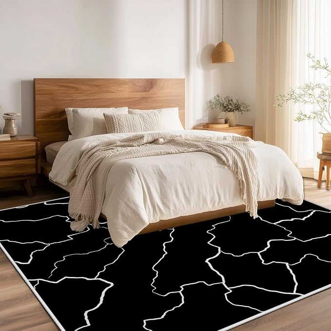 Abstract Rugs for Living Room - Modern Washable Area Rug, 5x6 Abstract Black and White Rug, Minimalist Rugs,Carpet Non Slip Home Decor