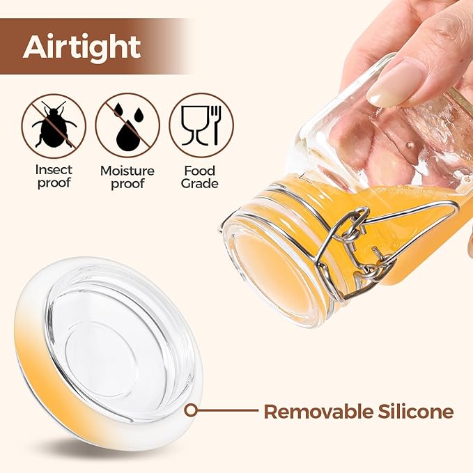 ComSaf 4 oz Glass Jars with Lid, Set of 12 Mini Airtight Glass Jars, Spice Jars, Small Mason Jar, Canning Jar Square with Seal Wire Clip Fastening, Labels & Funnels for Jam, Honey, Kitchen, Wedding