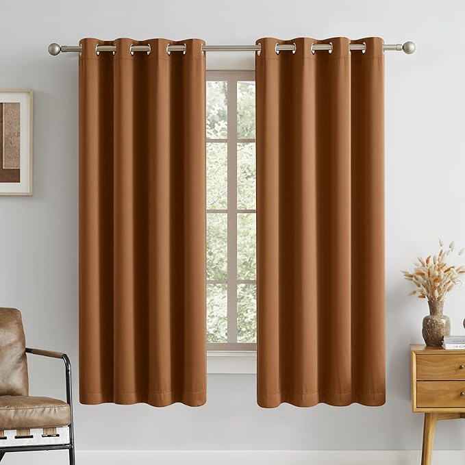 DUALIFE Dark Oak Brown Grommet Room Darkening Curtains 52 x 63 Inches, 2 Panels