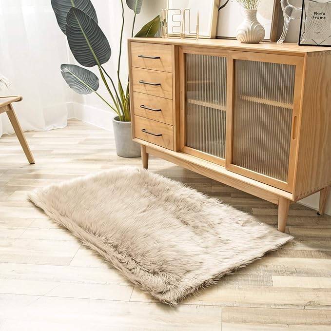 Ashler faux fur rug, Fluffy Shaggy Area Rug Ultra Soft 2.2 x 4 Feet Rectangle Fur Rug, Beige Fuzzy Rug Machine Washable Shag Rug, Nursery Decor Throw Rugs for Bedroom, kids room, Living Room