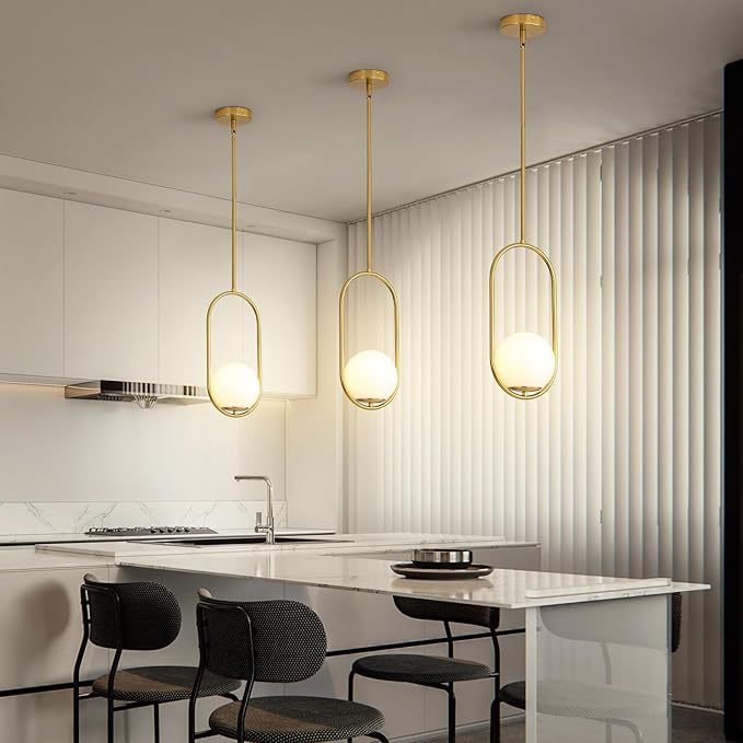 Yunnix Pendant Lights Kitchen Island, Pendant Light Fixtures, Modern Gold Globe Glass Pendant Lighting, Brass Mid Century Chandelier One Light for Bathroom Bedroom Dining Room(Bulb Not Included)