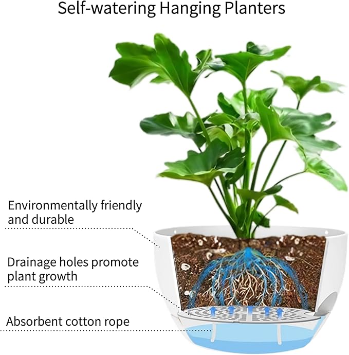 2 Pack Hanging Planters for Indoor Outdoor Plants, 12Inch Self Watering Hanging Pot with Drainage Holes and Saucer, Plastic Plant Pots, White Flower Pots for Kitchen, Balcony, Garden