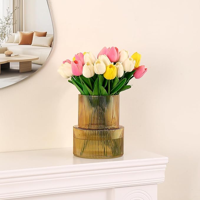 Amber Glass Vase, Ribbed Glass Vase for Tulips, Flower Vases for Bouquet, Amber Modern Vases for Living Room, Dining Table, Entryway, Mantle, Shelf, Wedding, Office, 7.5 Inches