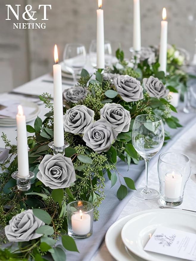 N&T NIETING Artificial Rose, 25pcs Gray Fake Foam Flowers with Stems for Wedding Party Baby Shower Cake Decoration, Home Display