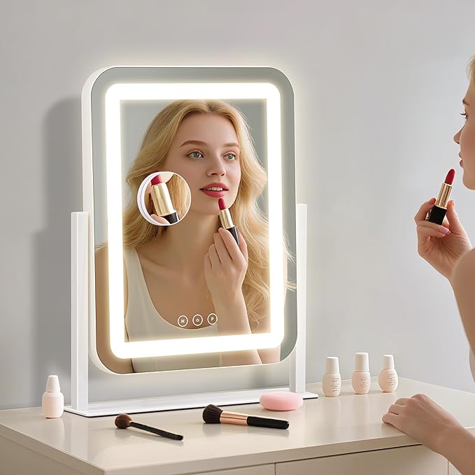 Vanity Mirror with Lights,13.1"×16.7"LED Makeup Mirror,Lighted Makeup Mirror with Lights, Smart Touch Control Dimmable 3 Modes Light, Lighted Up Mirror for Makeup Desk, Bedroom, Dressing Room