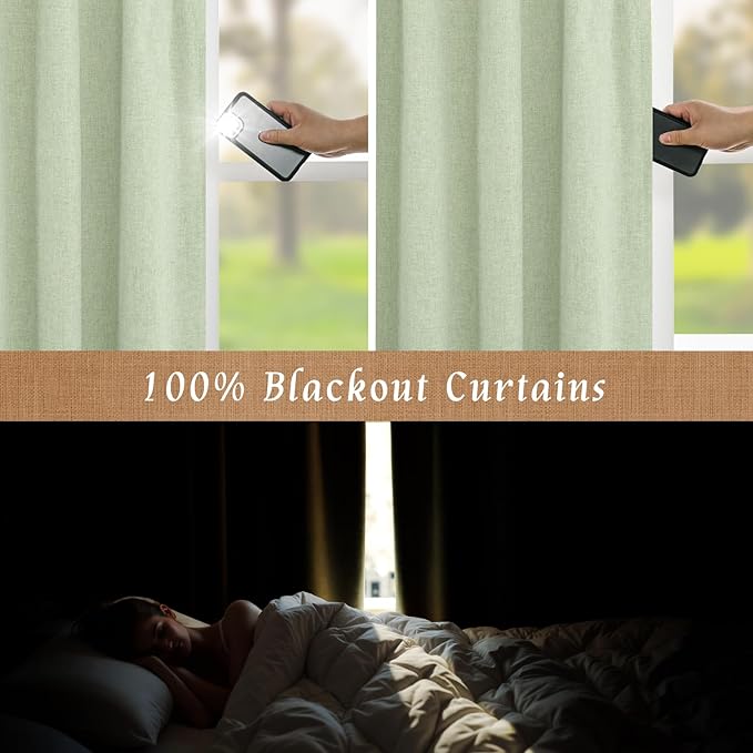 LAMIT 100% Blackout Linen Curtains 84 Inches Long, Living Room Farmhouse Drapes Full Room Darkening Back Tab and Rod Pocket Panels with White Liner, 2 Panels, Light Green, 60 x 84 Inch