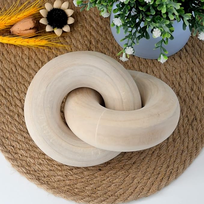 Wood Coffee Table Decor for Living Room, Hand Carved Chain Link Decoration, Modern Farmhouse and Boho Style Object